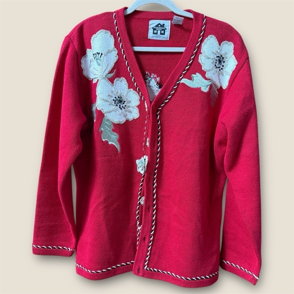 Vintage Knit Cardigan Sweater with embroidery and wooden flowers